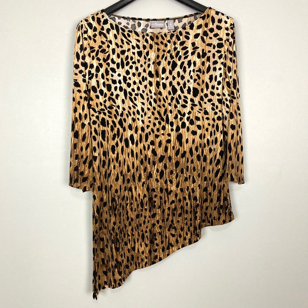 Chico’s Travelers Asymmetrical Hem Tunic Top Women’s Sz L Animal Print Side Slit